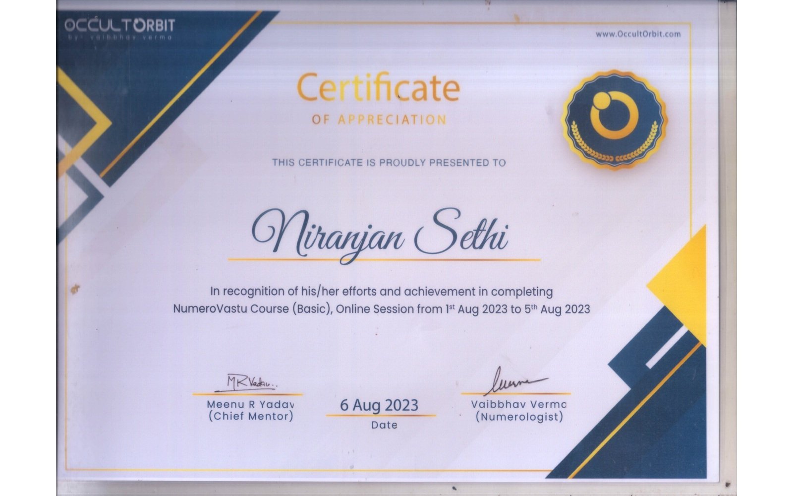 Numerovastu Course – Certificate of Appreciation