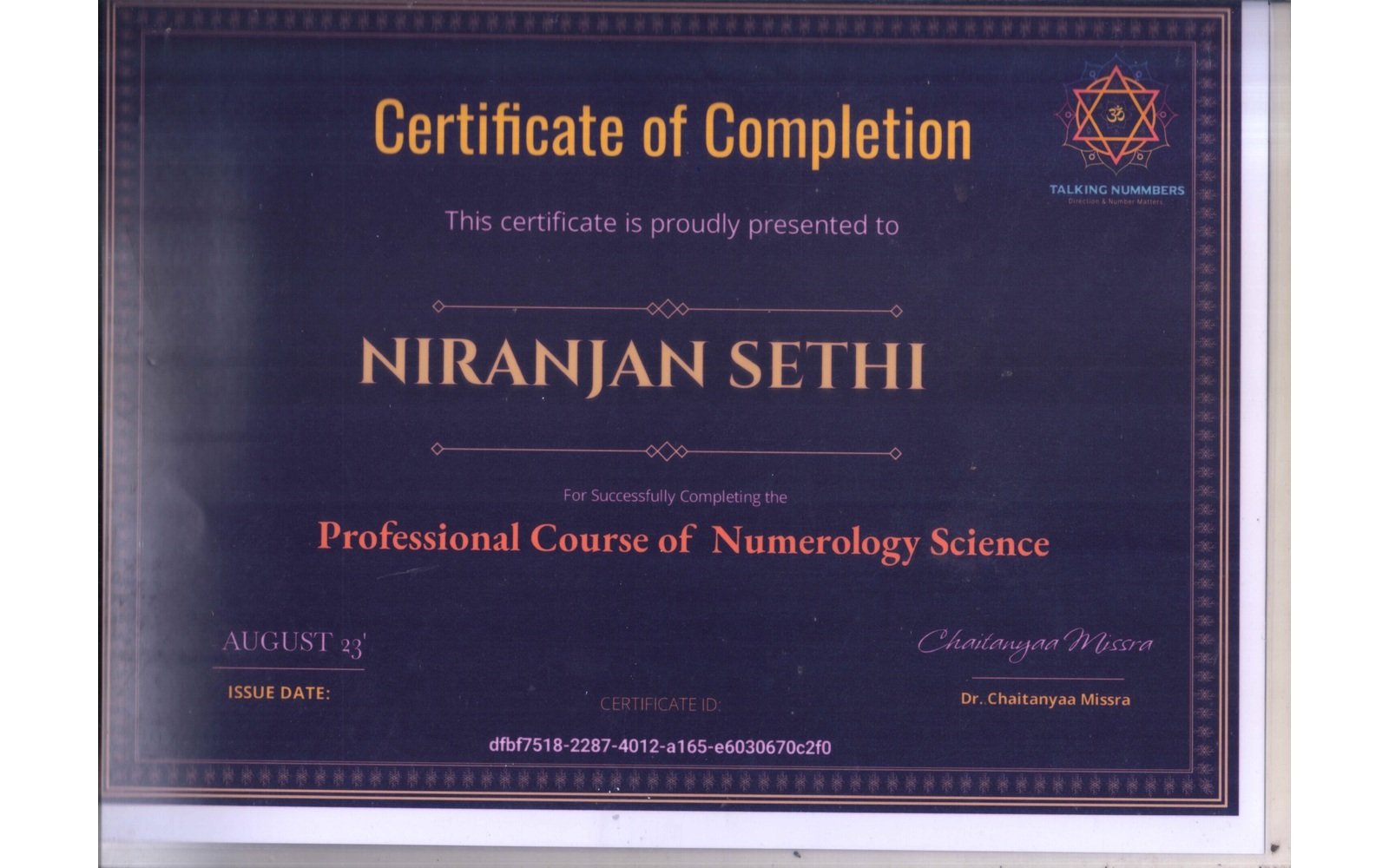 Professional Course of Numerology Science – Certificate of Completion